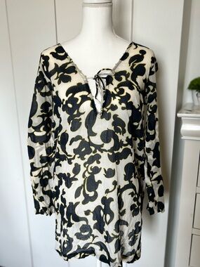 Merona Black and Cream Floral Tie-Neck Tunic